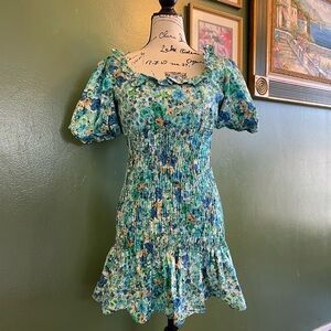 Zara mini Floral Blue and Green Dress. Smocked. Size M